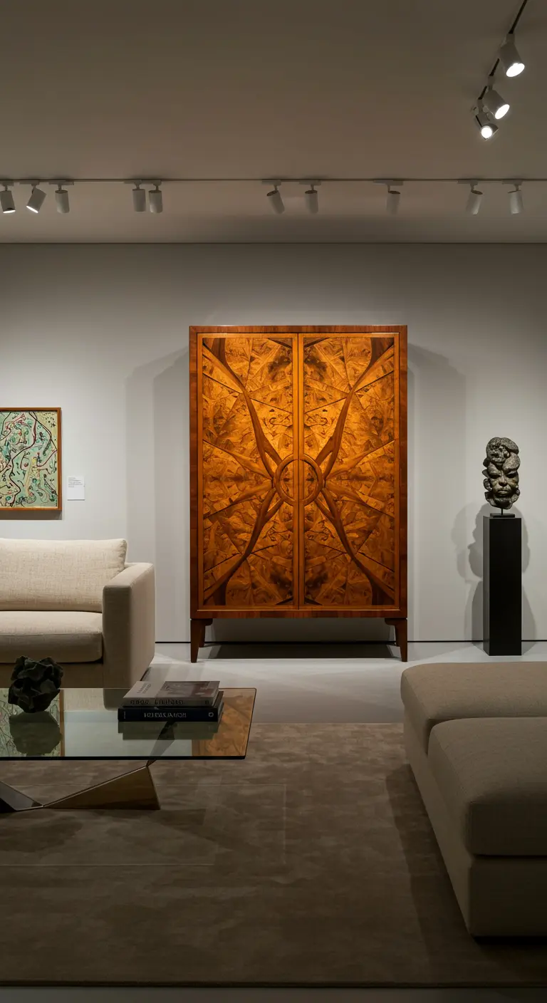 Woonkamer met een Art Deco kast met een opvallend ingelegd houtfineer patroon.