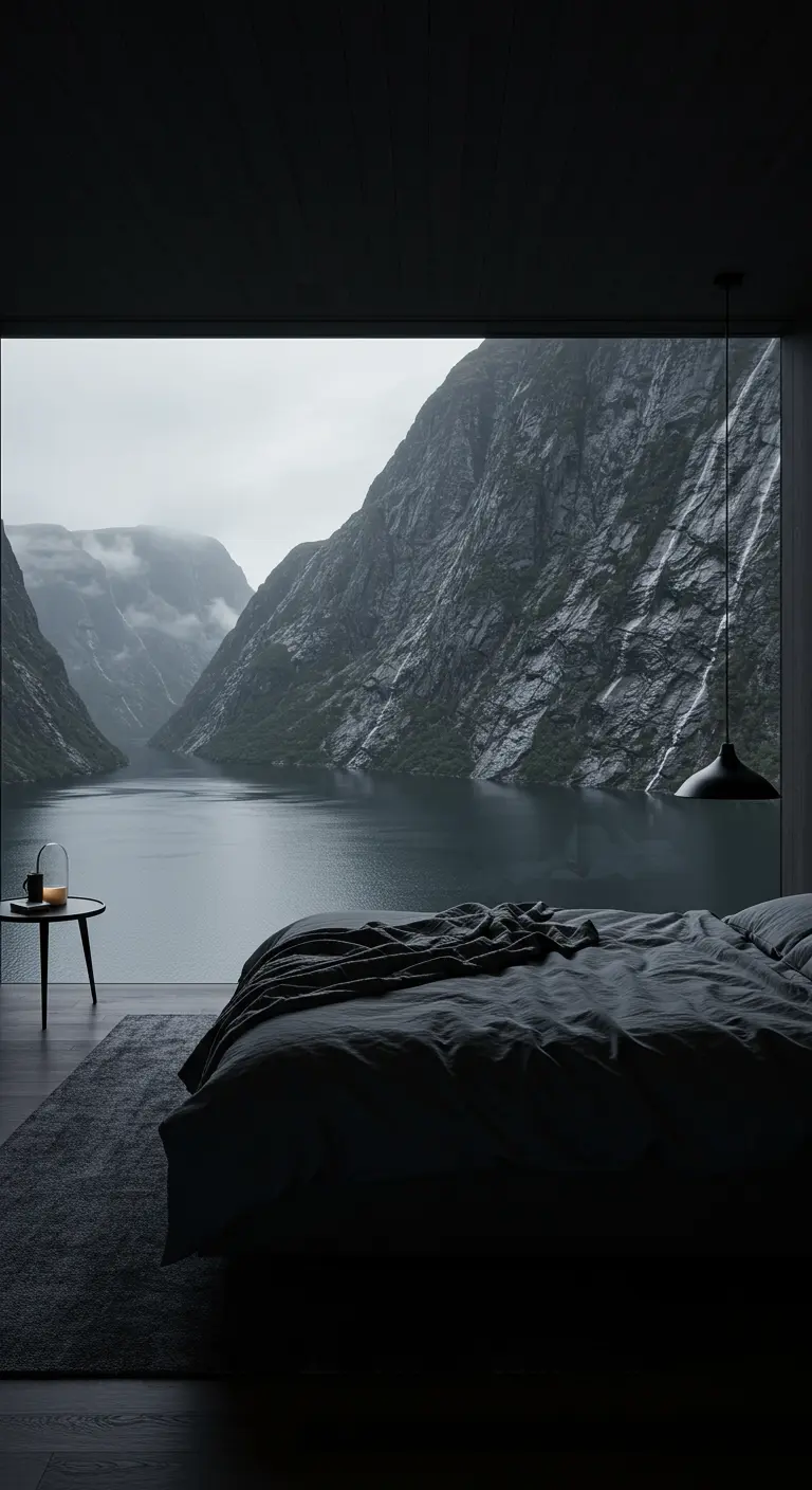 Donkere, minimalistische slaapkamer met uitzicht op een mistige fjord.