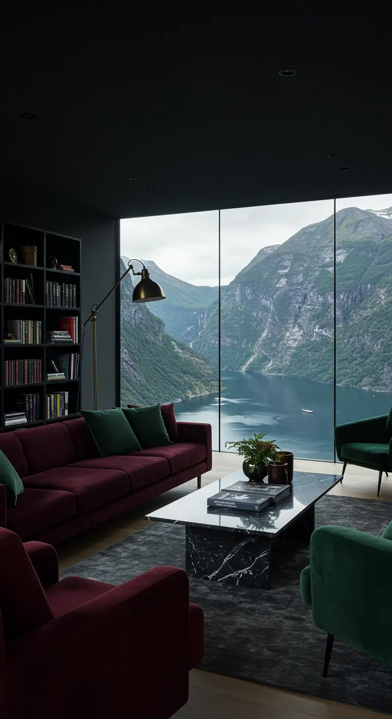 Elegante woonkamer met donkerrode bank, boekenkast en uitzicht op een Noors fjord.