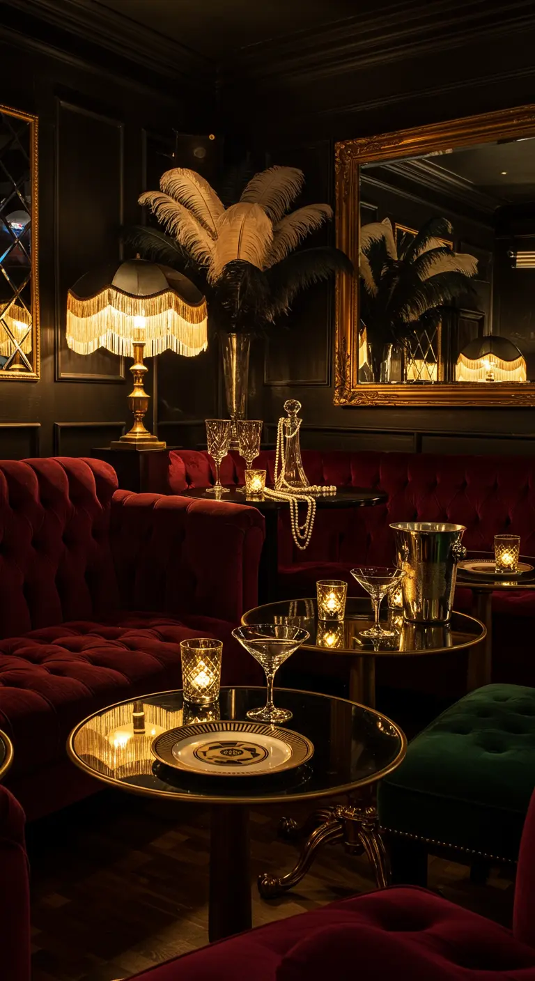 Luxe bar met fluwelen banken, gouden accenten en art deco details.