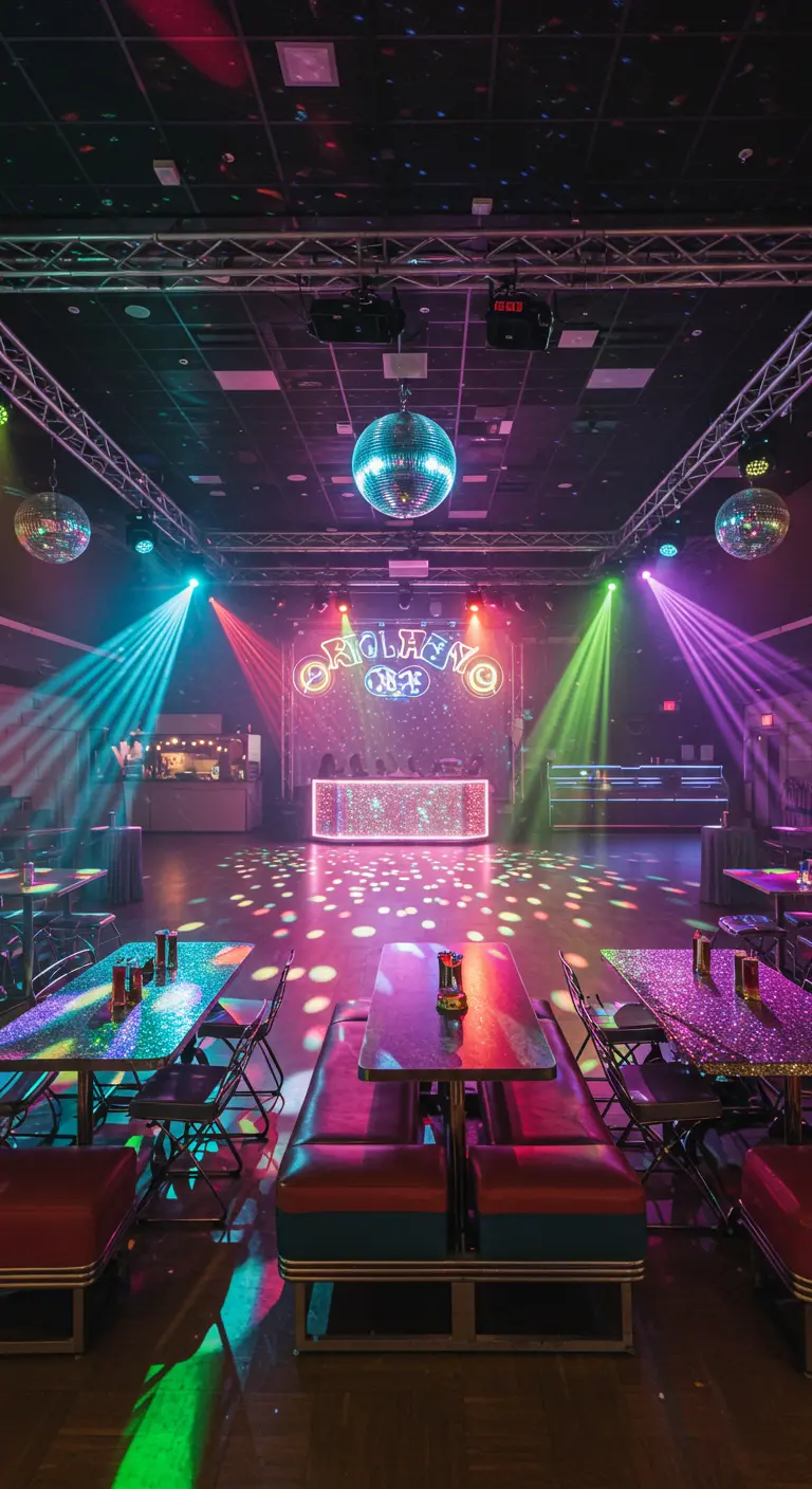 Verjaardagsfeest in discothema met discoballen en gekleurde lichten.
