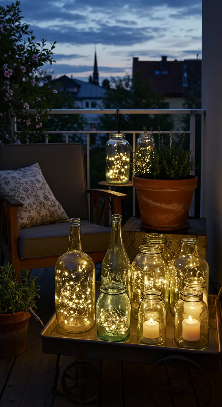 Balkon in de schemering met glazen flessen en potten gevuld met kerstverlichting.