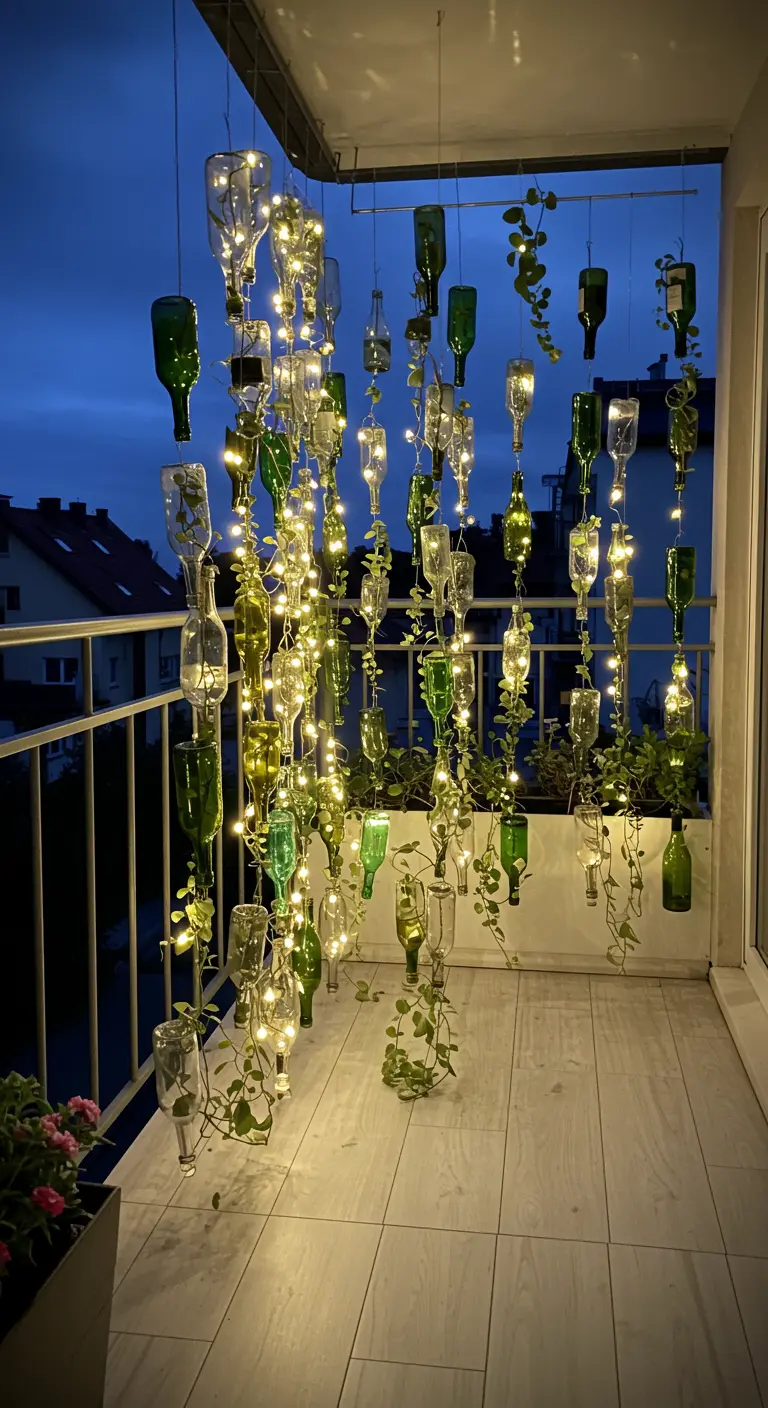 Balkondecoratie van hangende glazen flessen met klimplanten en kerstverlichting bij schemering.