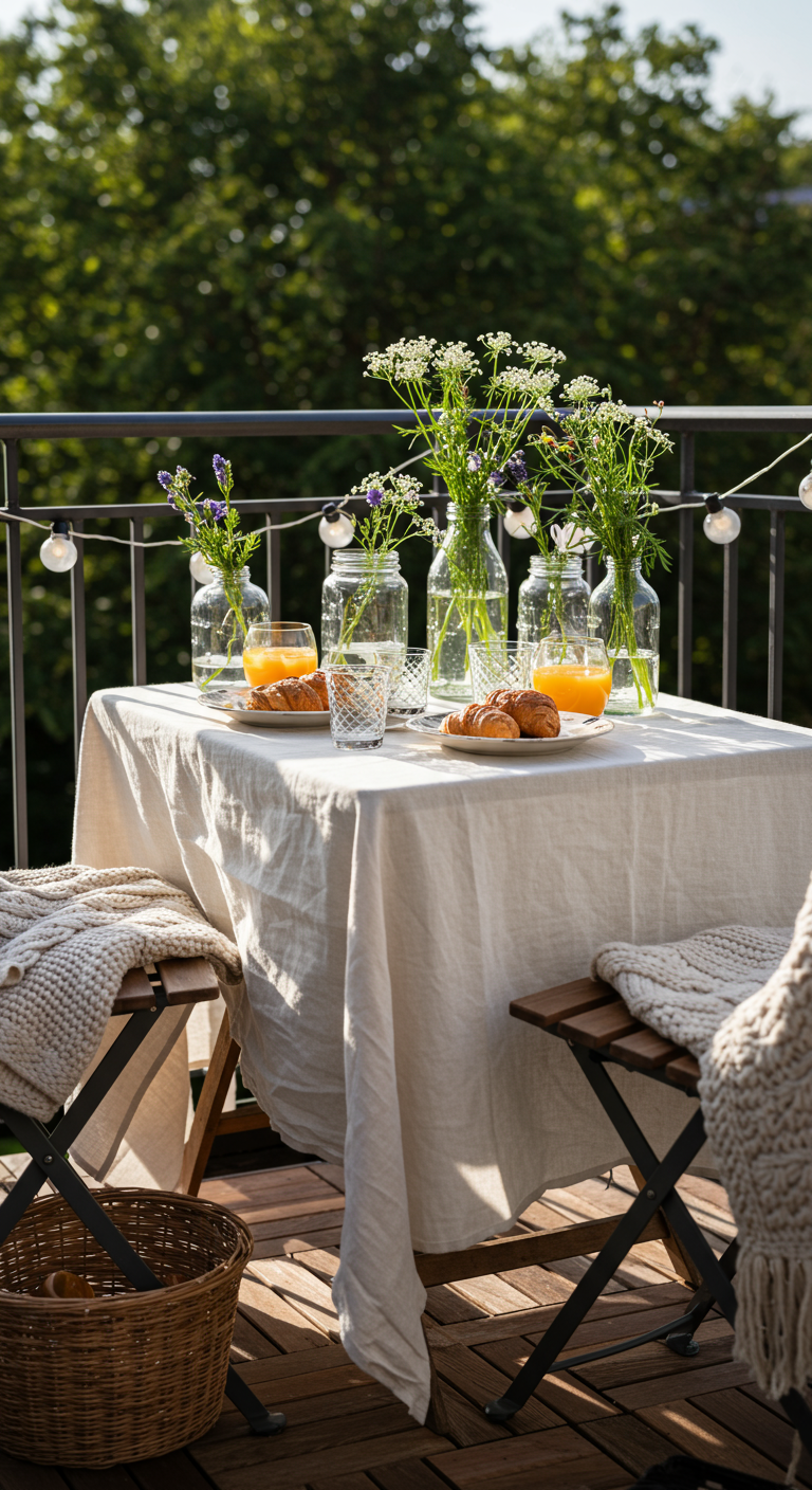 Balkontafel gedekt voor ontbijt met bloemen in glazen flessen.
