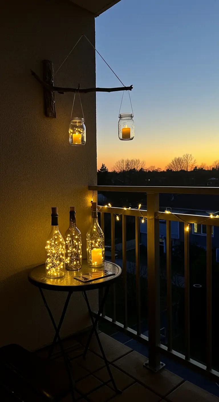 Balkonverlichting gemaakt van glazen potten en flessen met lichtjes erin.
