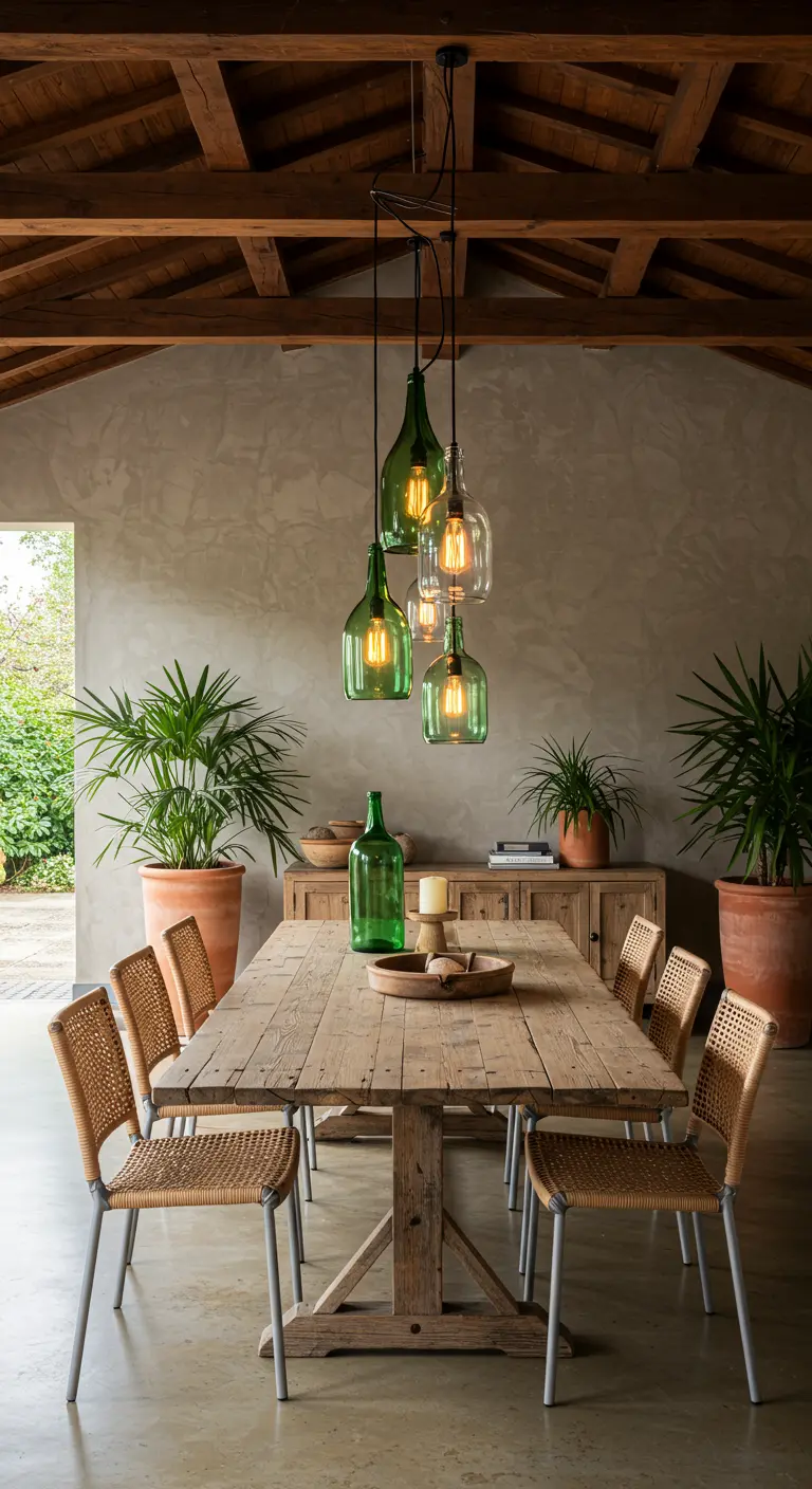 Cluster van hanglampen gemaakt van groene en doorzichtige glazen flessen boven een houten tafel.