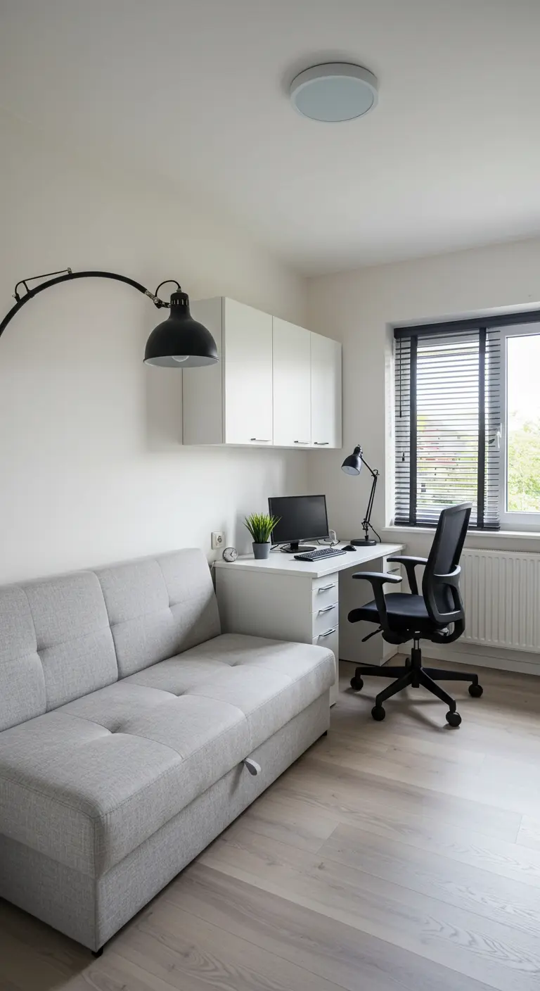 Moderne multifunctionele logeerkamer met grijze slaapbank en witte werkplek.