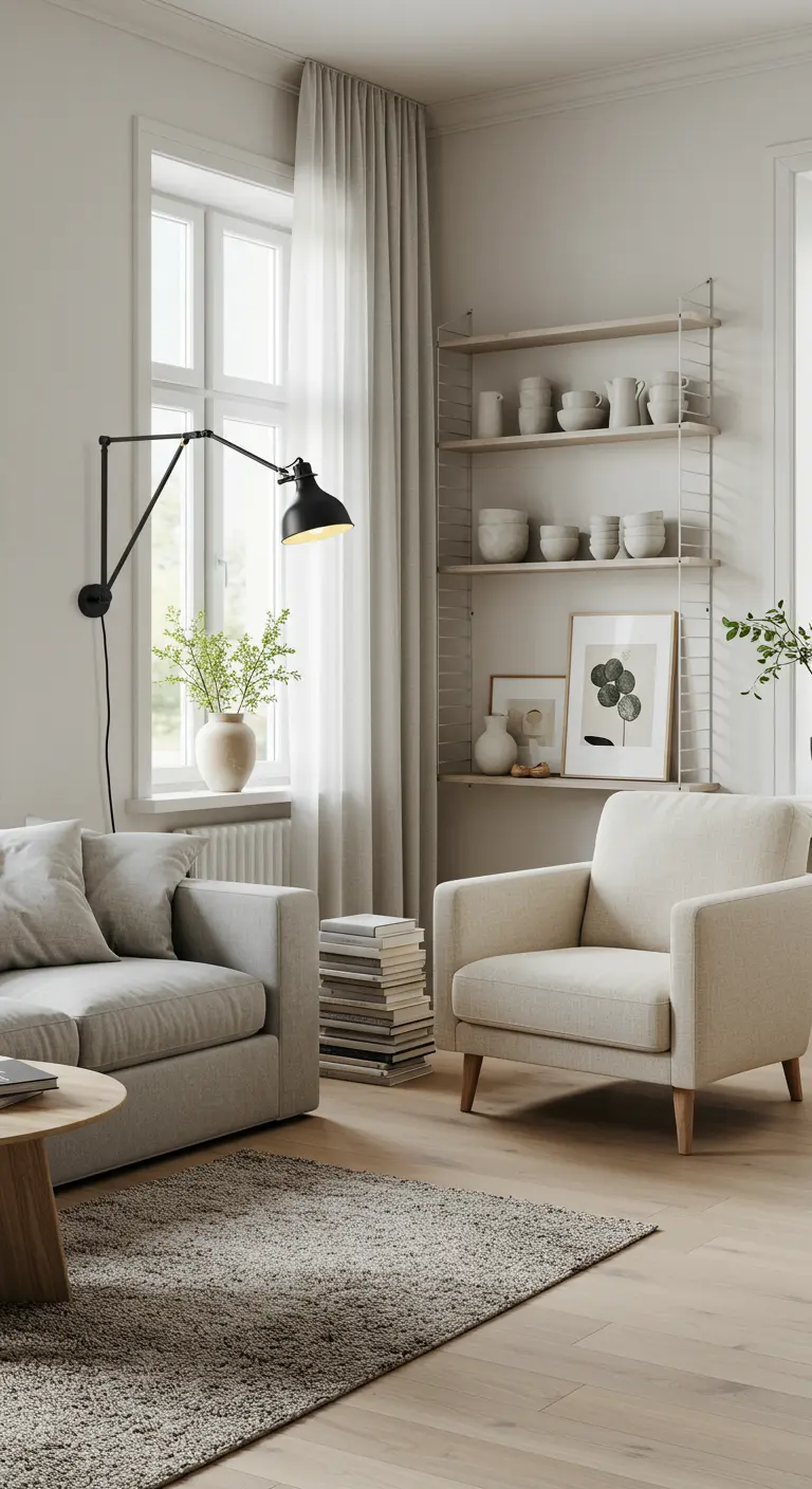 Lichte woonkamer met grijze bank, crèmekleurige fauteuil en zwarte zwenkarm wandlamp bij het raam.
