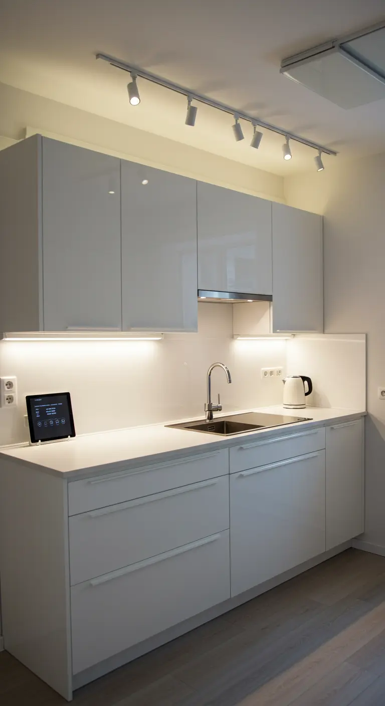 Moderne witte keuken met een flexibel railspotsysteem aan het plafond.