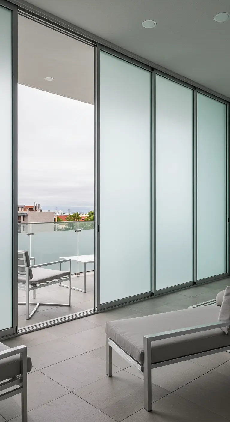 Modern balkon met matglazen schuifpanelen als afscheiding naar ander balkon of ruimte.