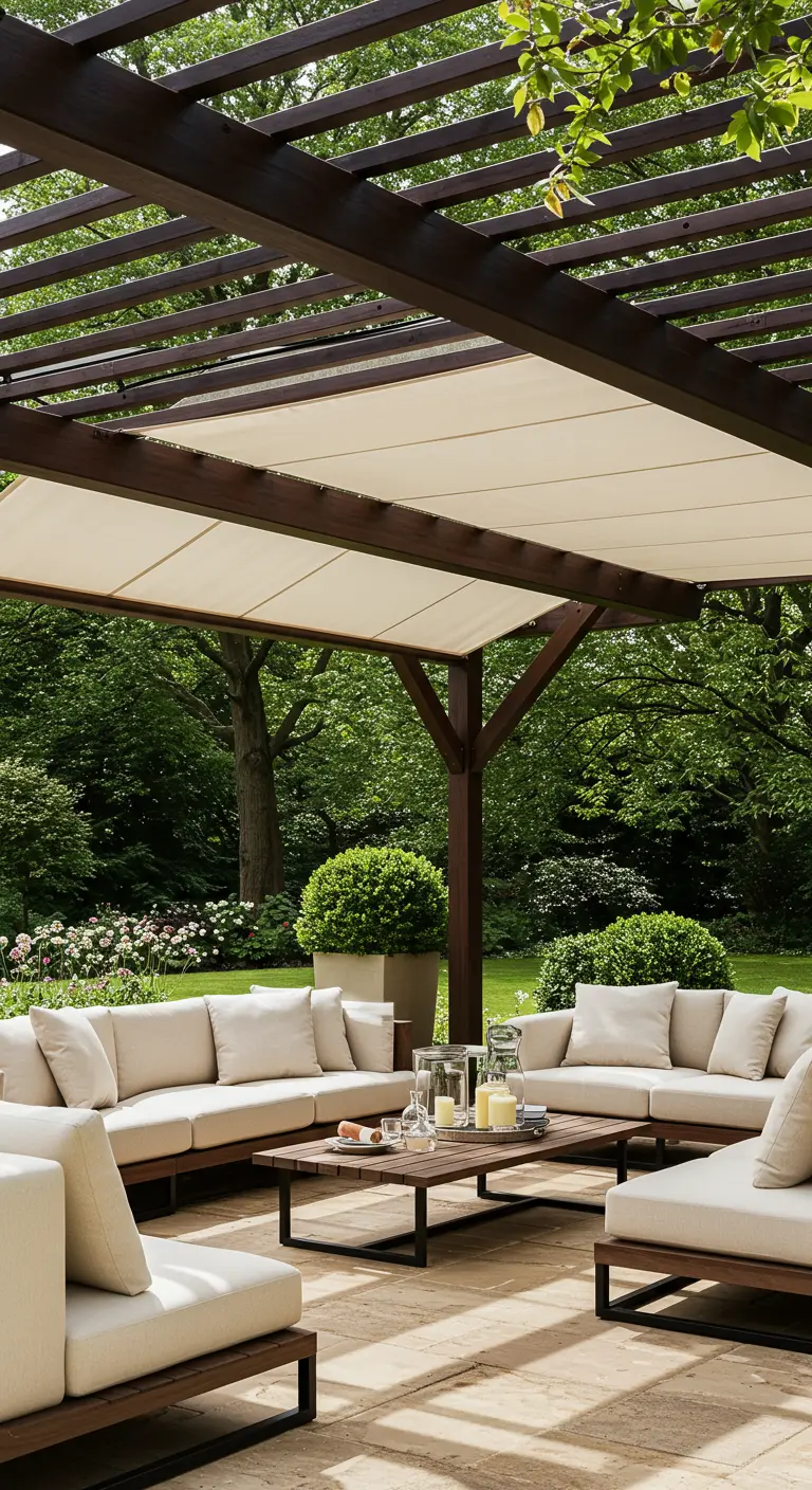 Donkerhouten pergola met uitschuifbaar wit canvas doek erboven, lichte loungebanken eronder.