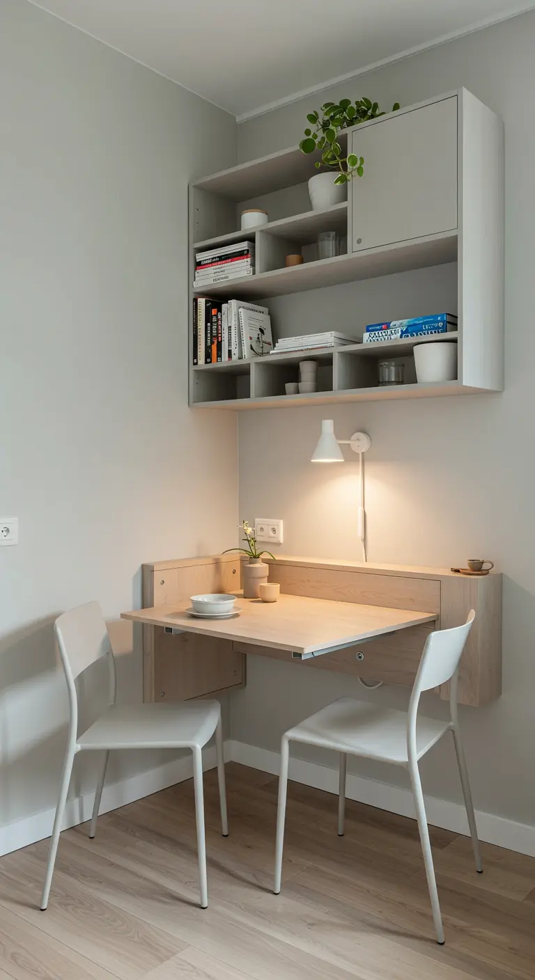Compacte multifunctionele ruimte met uitklapbare tafel, wandplanken en witte stoelen.