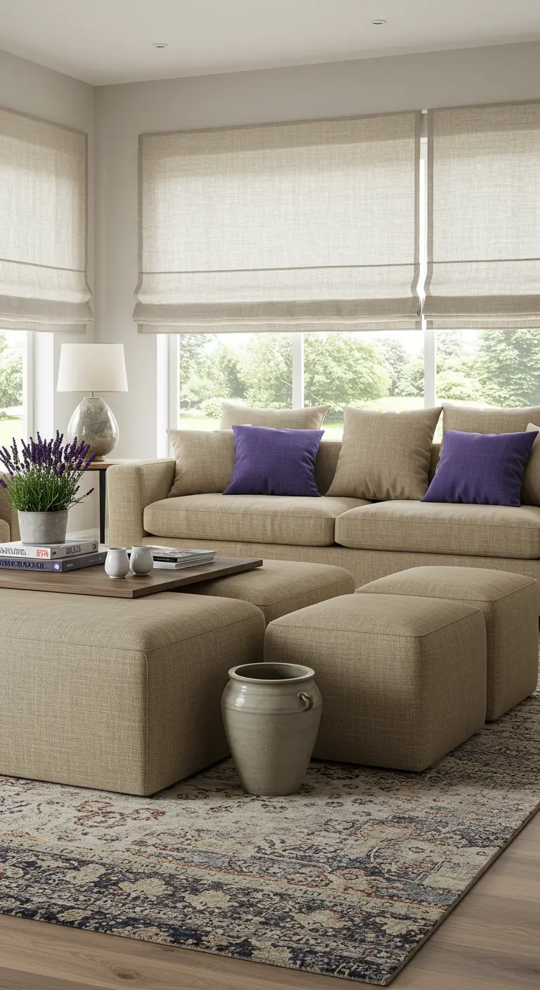 Beige woonkamer met grote bank, twee vierkante poefs, paarse kussens, houten tafel.