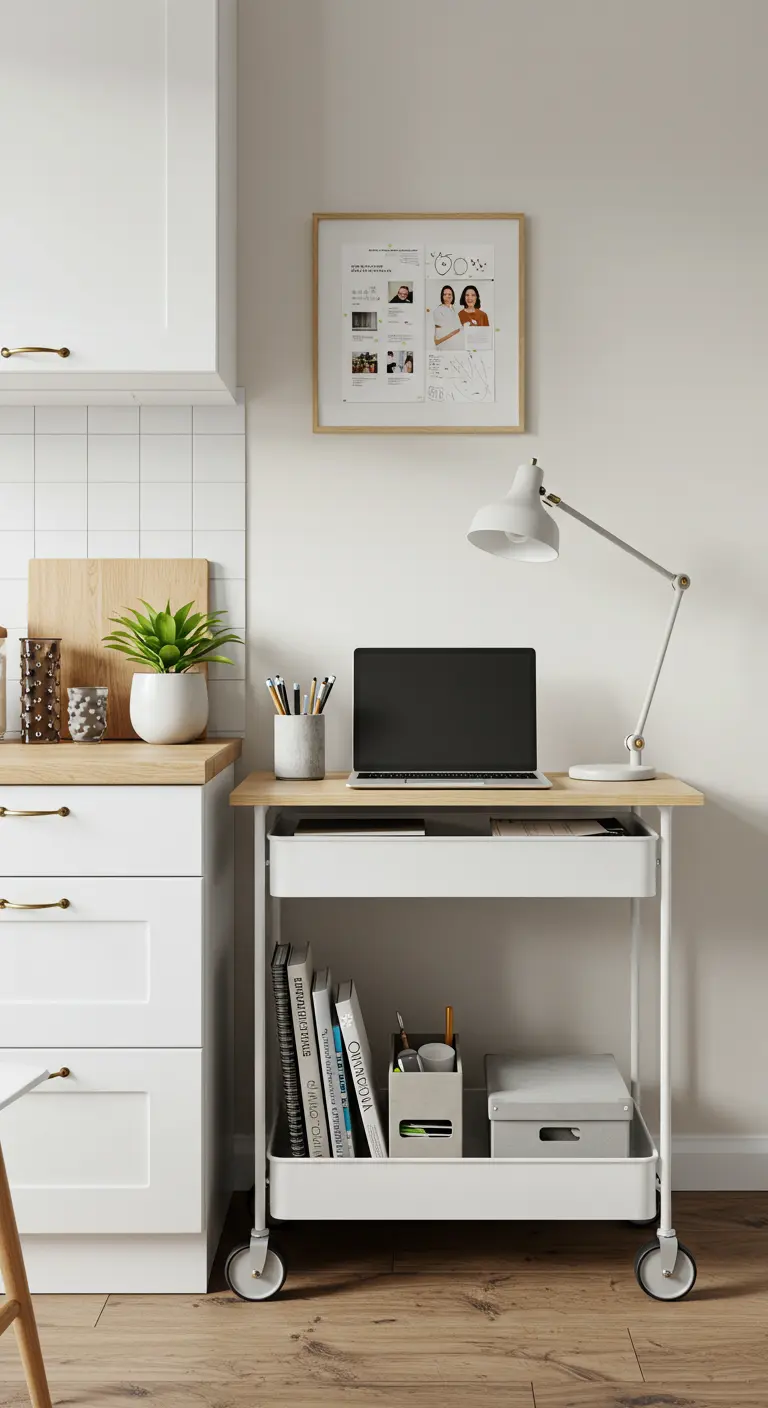 Witte keukentrolley ingericht als compact bureau met laptop, bureaulamp en kantoorspullen.