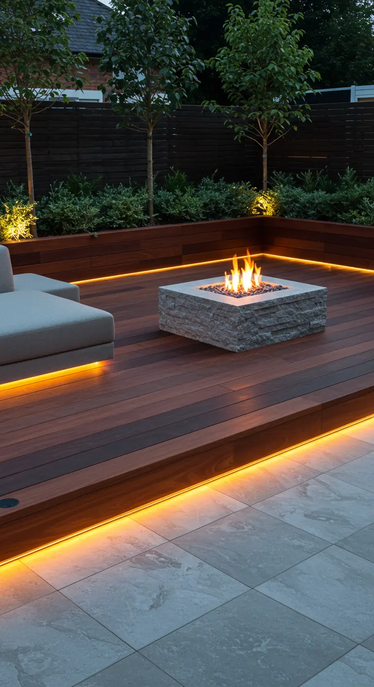 Moderne tuin met donkere houten vlonder, lichte tegels, ingebouwde vuurplaats en verlichting.