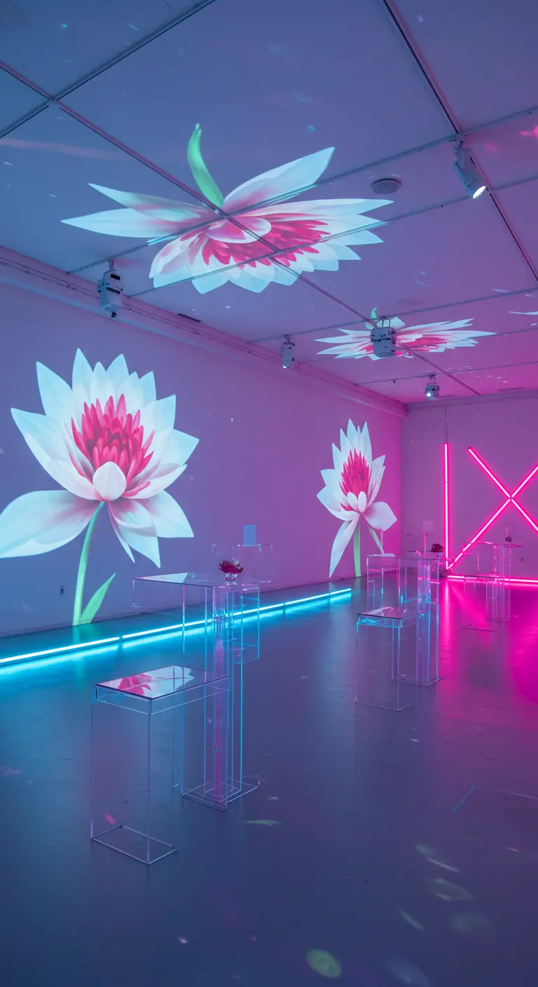 Moderne trouwlocatie met grote bloemprojecties op muren en neonlicht.