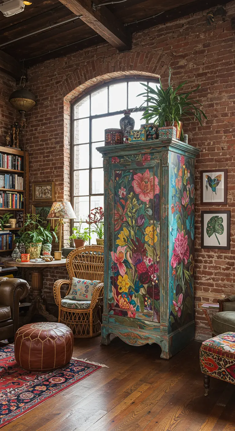 Rustieke woonkamer met hoge, kleurrijk beschilderde bloemenkast naast een bakstenen muur.