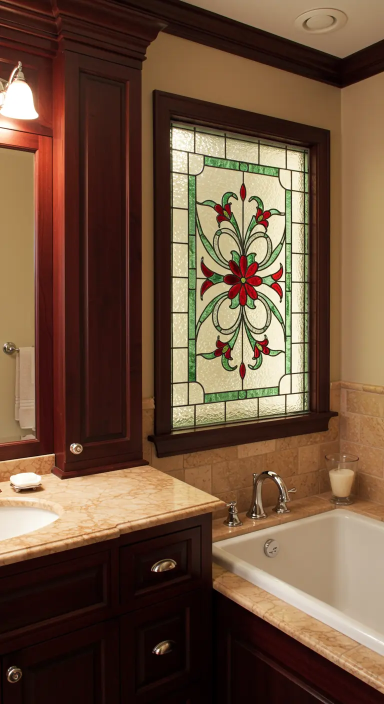 Klassieke badkamer met glas-in-lood raam met bloemmotief en donkerhouten kasten.
