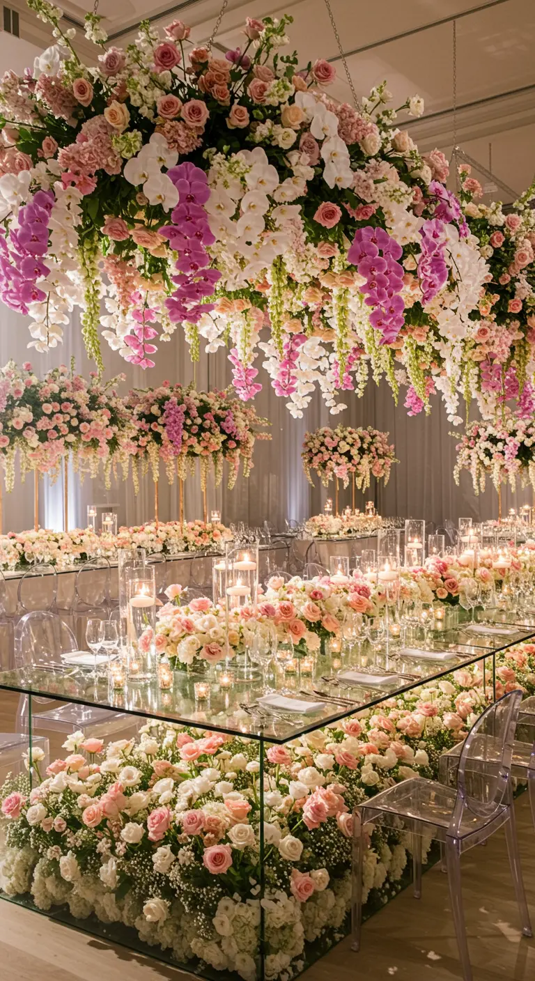 Luxe bruiloft met zwevende bloemeninstallatie boven glazen tafels en bloemen eronder.