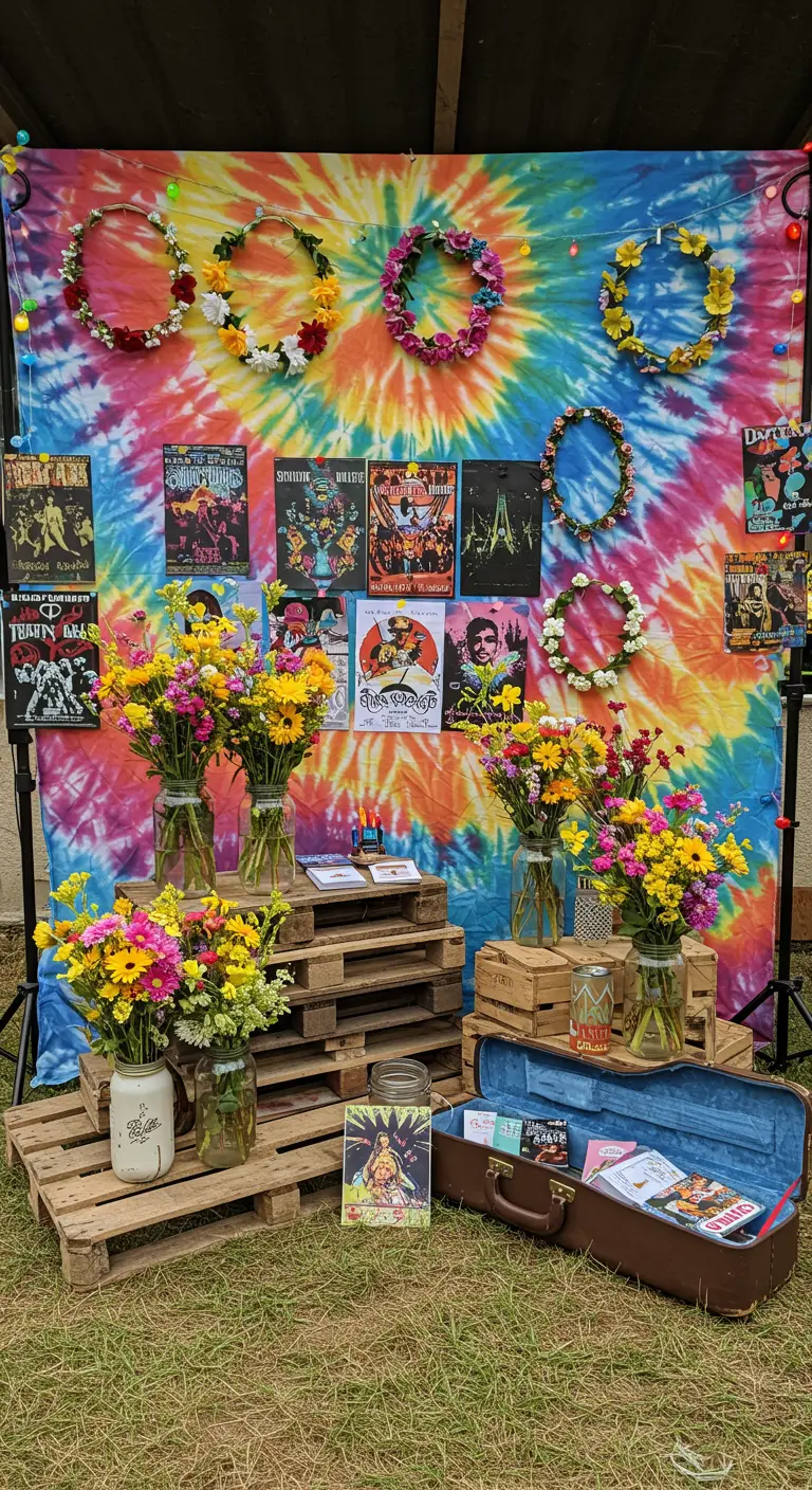 Woodstock thema verjaardagsdecoratie met tie-dye, bloemenkransen, posters en veldboeketten.