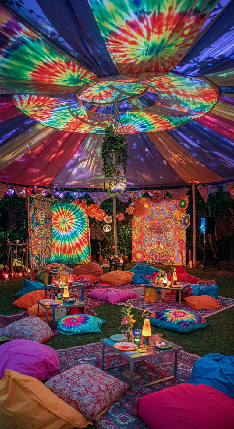 Hippie verjaardagsfeest met tie-dye, kussens en lampionnen.