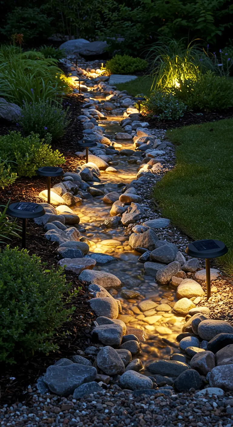 Verlichte beekbedding met keien en solar grondspots die het water zacht beschijnen.