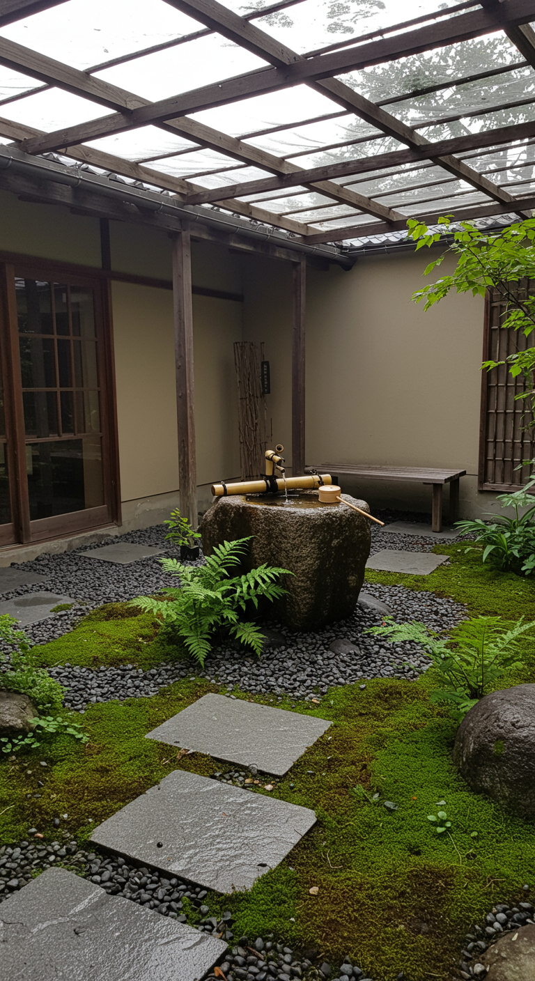 Japanse tuin met stenen waterornament, bamboe, mos, stapstenen en varens.