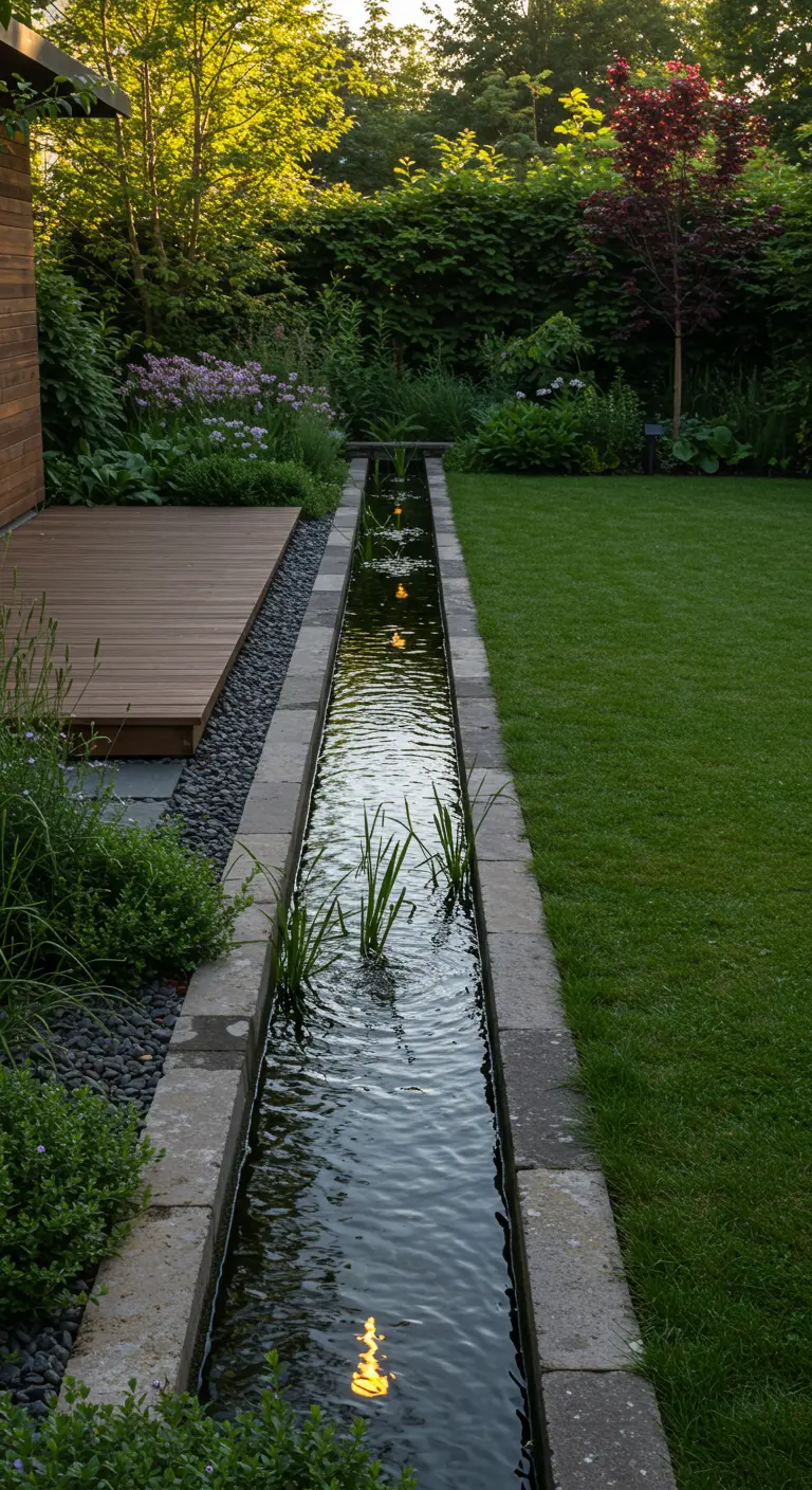 Smalle, lange waterpartij met waterplanten en drijvende lichtjes als tuinafscheiding.
