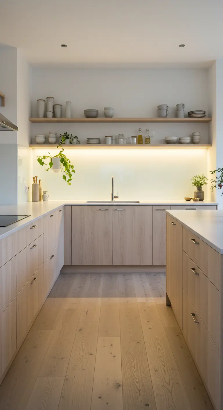 Moderne lichte houten keuken met crèmekleurige glazen achterwand en indirecte verlichting.