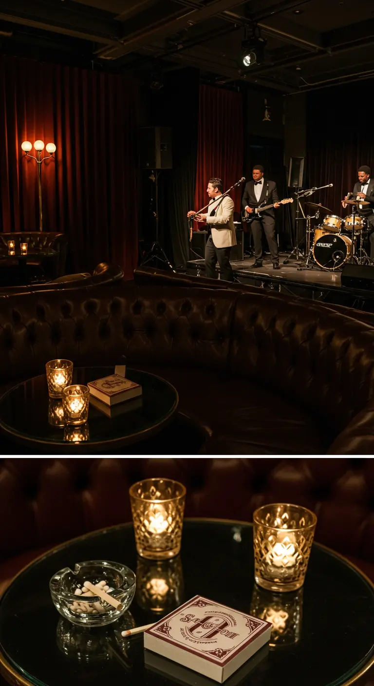 Donkere, sfeervolle bruiloftsreceptie met live band en kaarslicht.