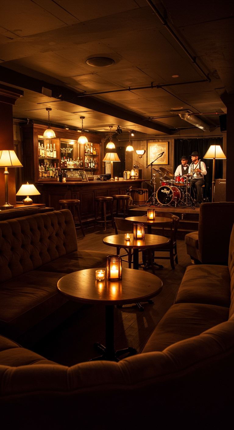 Intieme speakeasy bar sfeer met donker hout, schemerlampen en jazzmuzikanten.