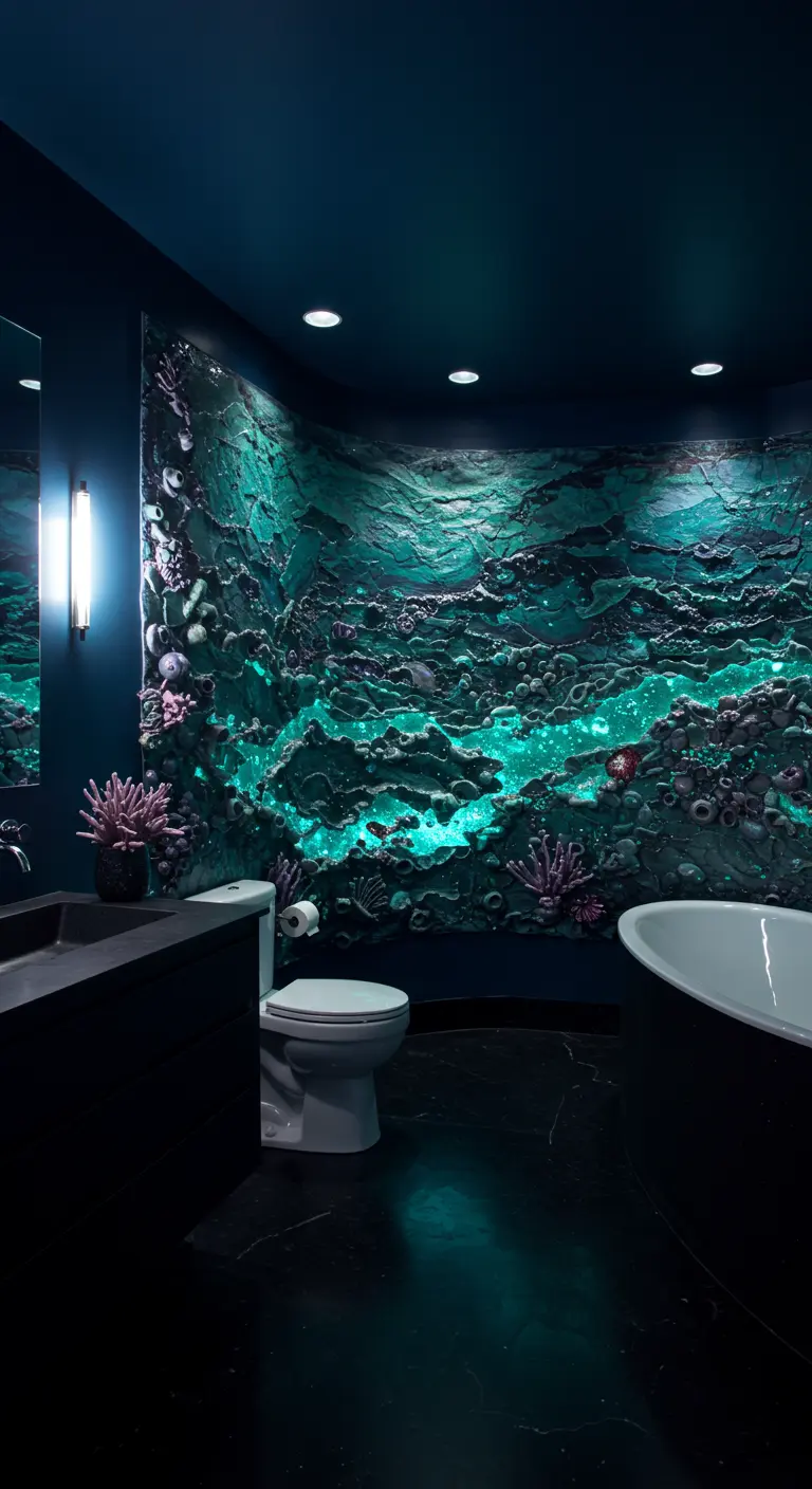 Donkere badkamer met een 3D wandinstallatie die een onderwaterwereld voorstelt, verlicht met neon kleuren.