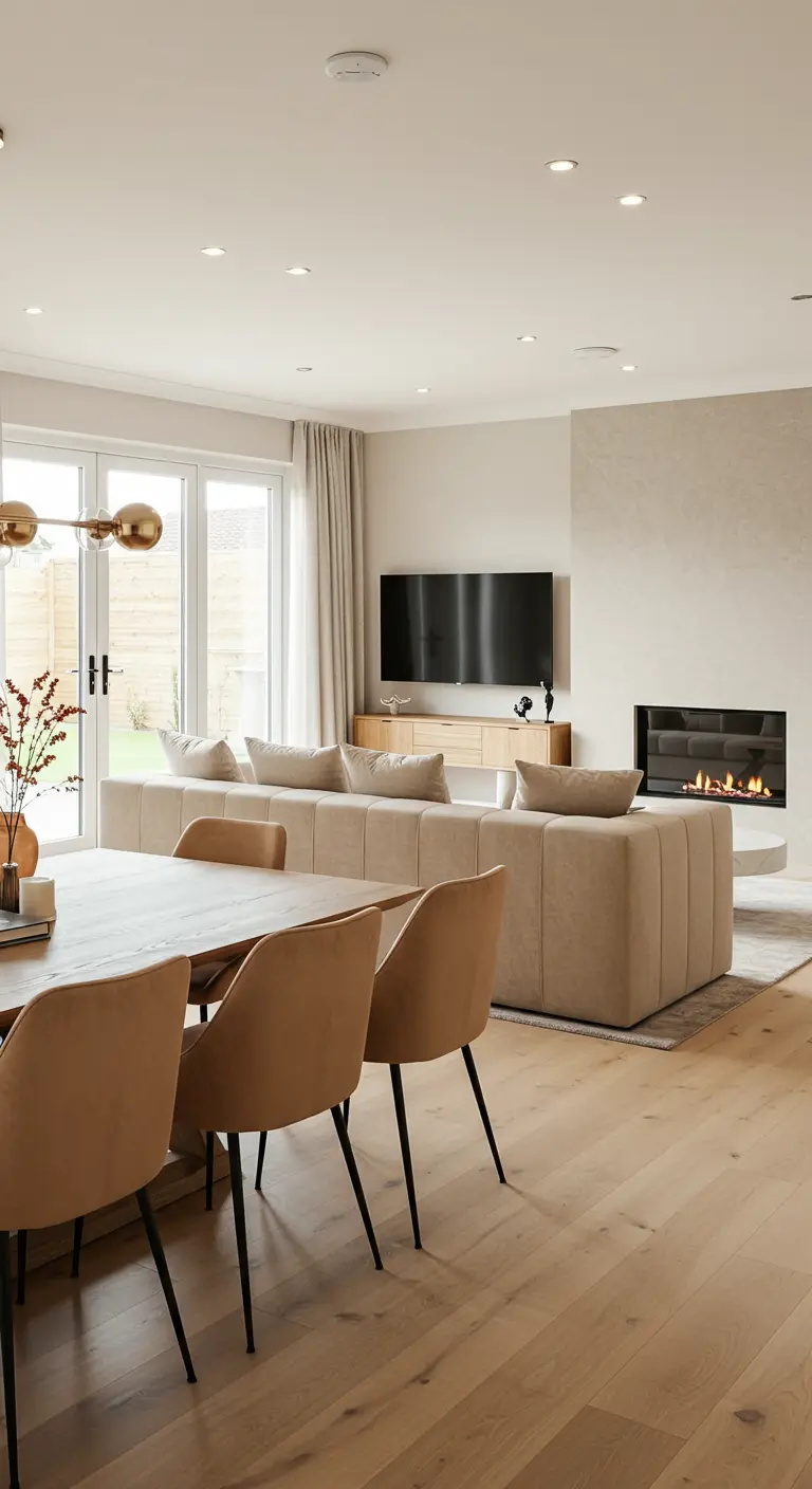 Lichte open woonkamer met fluwelen eetkamerstoelen en een strakke open haard.