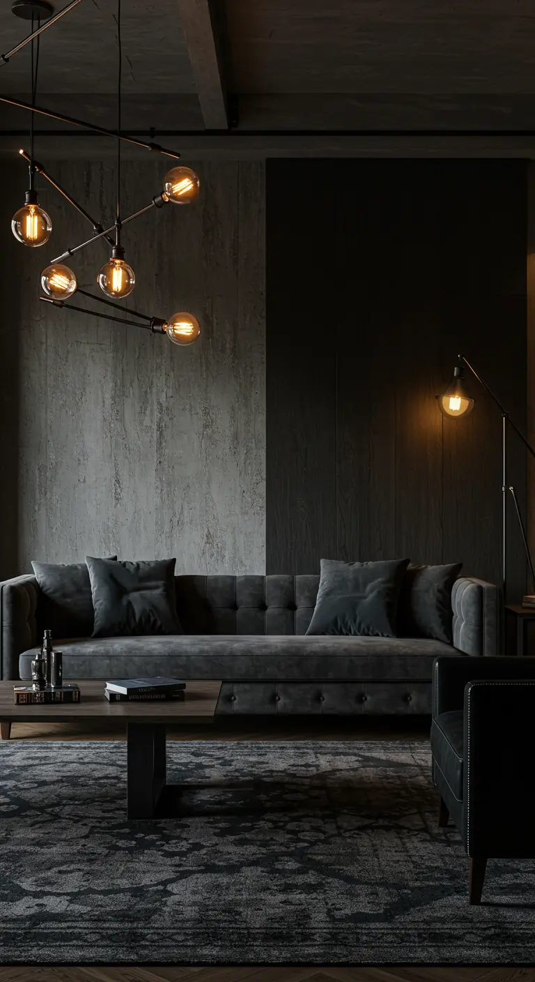 Donkere, industriële woonkamer met grijze bank en gedimde verlichting.