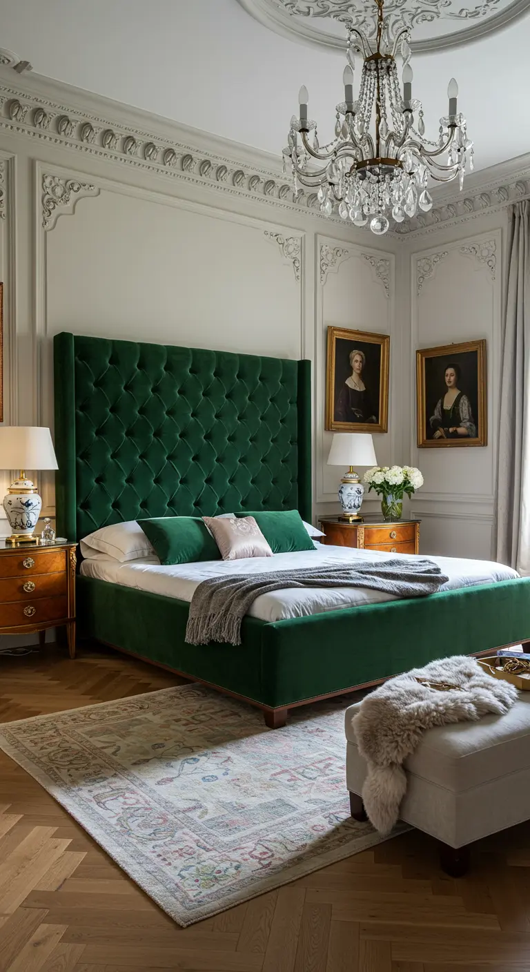Slaapkamer met hoog smaragdgroen fluwelen hoofdbord, kroonluchter, klassieke kunst.