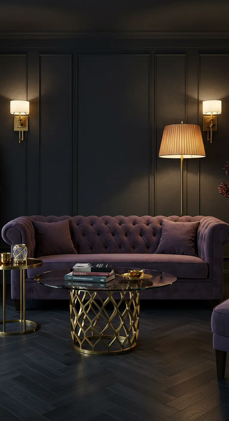 Donkere woonkamer met paarse fluwelen bank, gouden geometrische salontafel en sfeervolle lampen.