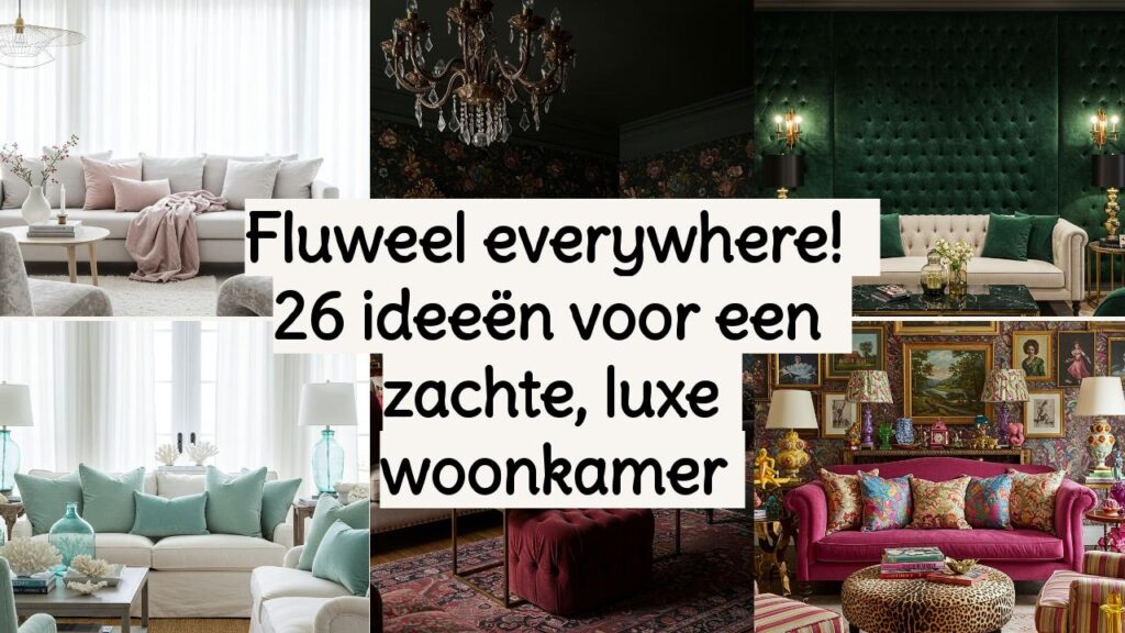 Luxe woonkamers met zachte velvet meubels: groene velvet wandpanelen, roze fluwelen bank, kristallen kroonluchter