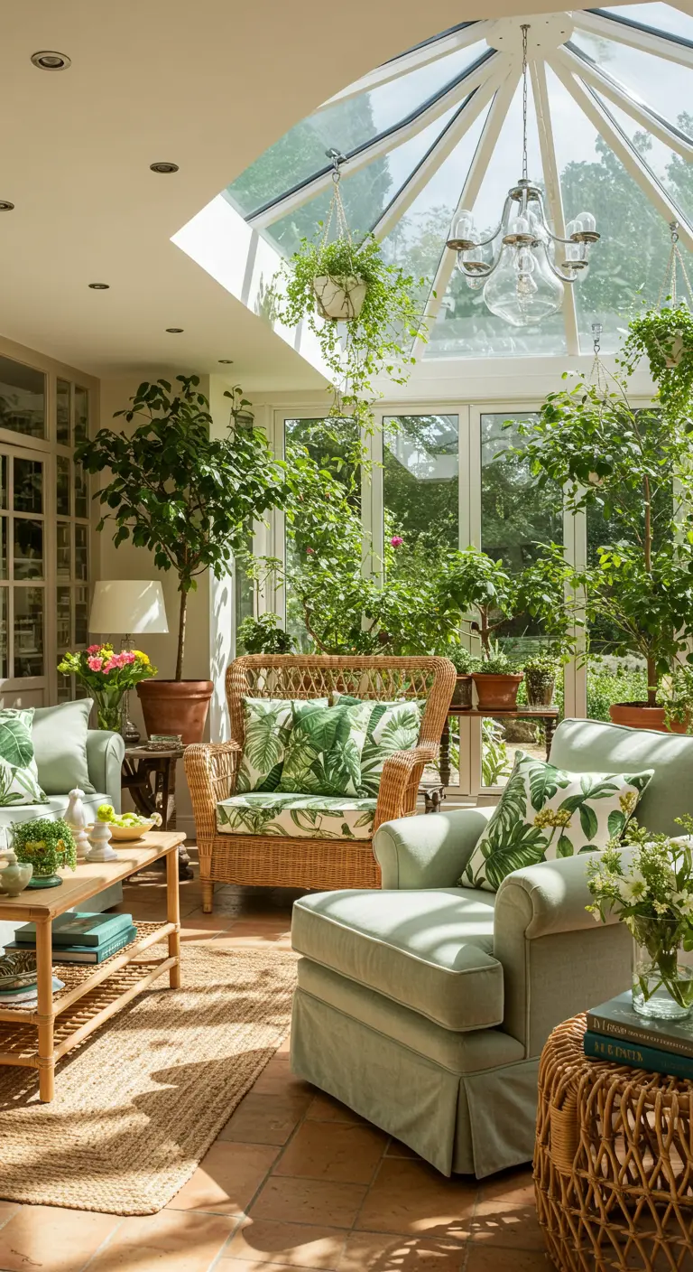 Serre met veel planten, rieten meubels en zitmeubelen in groene tinten.