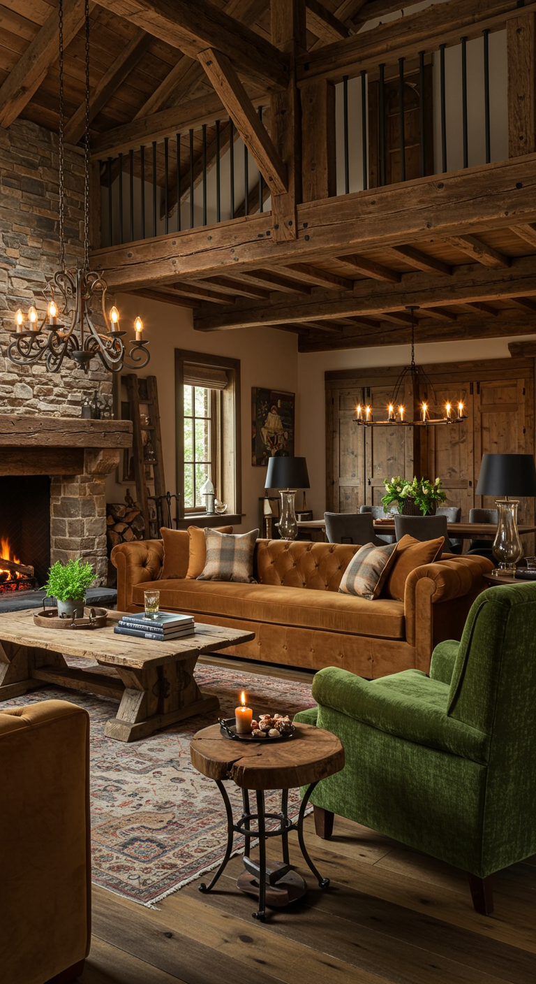Rustieke woonkamer met cognackleurige fluwelen bank, houten balken en stenen schouw.