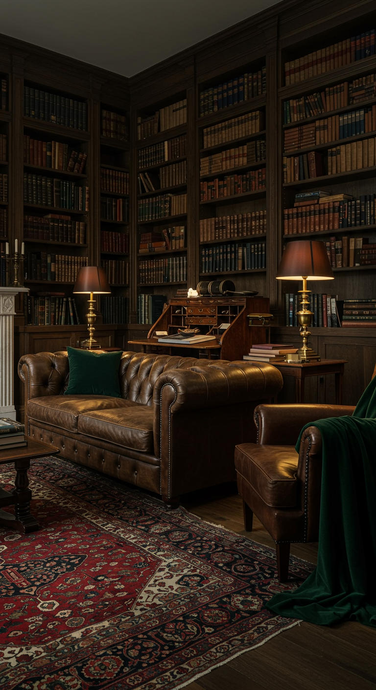 Klassieke bibliotheek met lederen bank en een donkergroen fluwelen plaid.