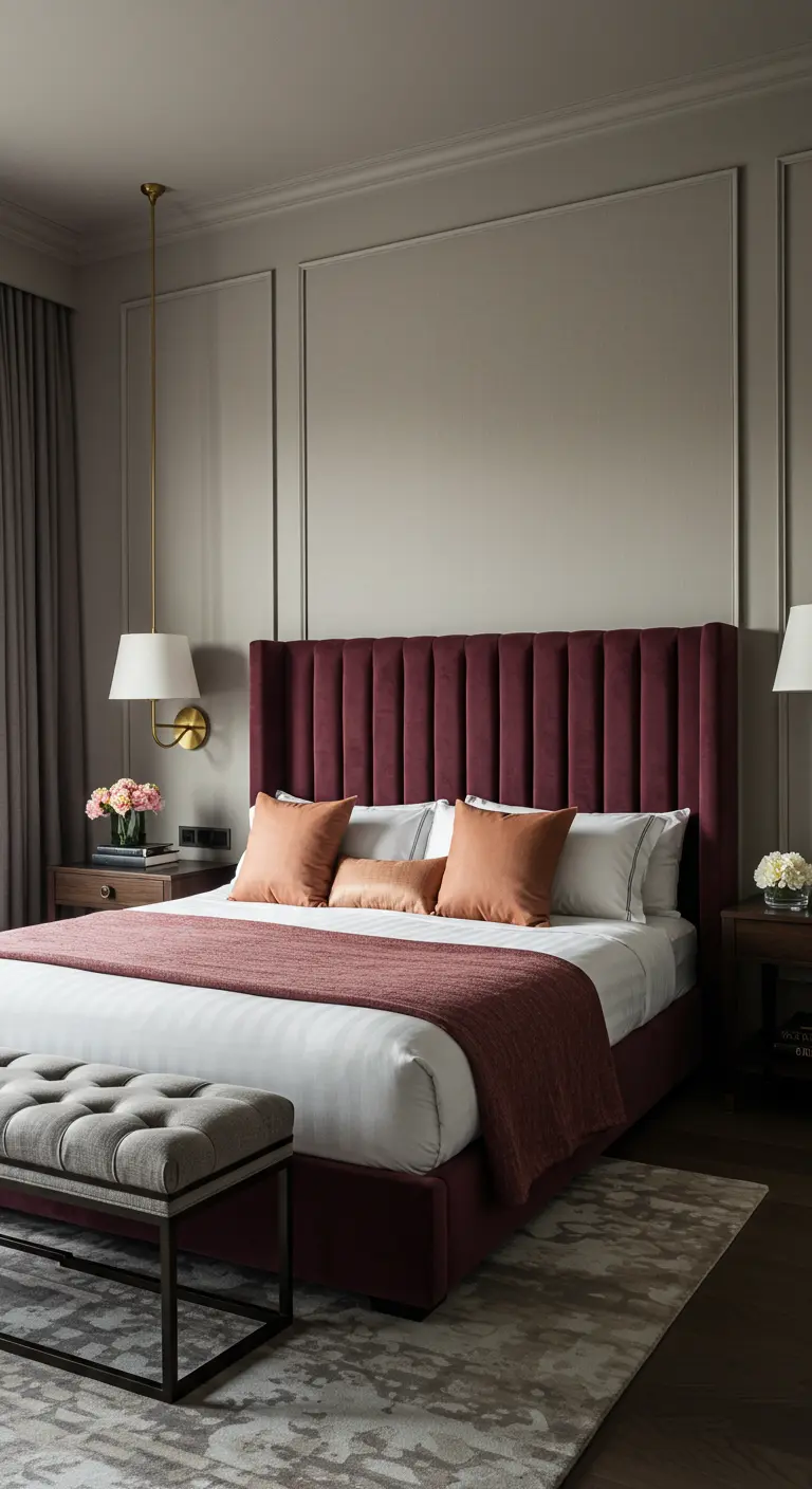 Luxe slaapkamer met donkerrood fluwelen hoofdbord en gouden accenten.