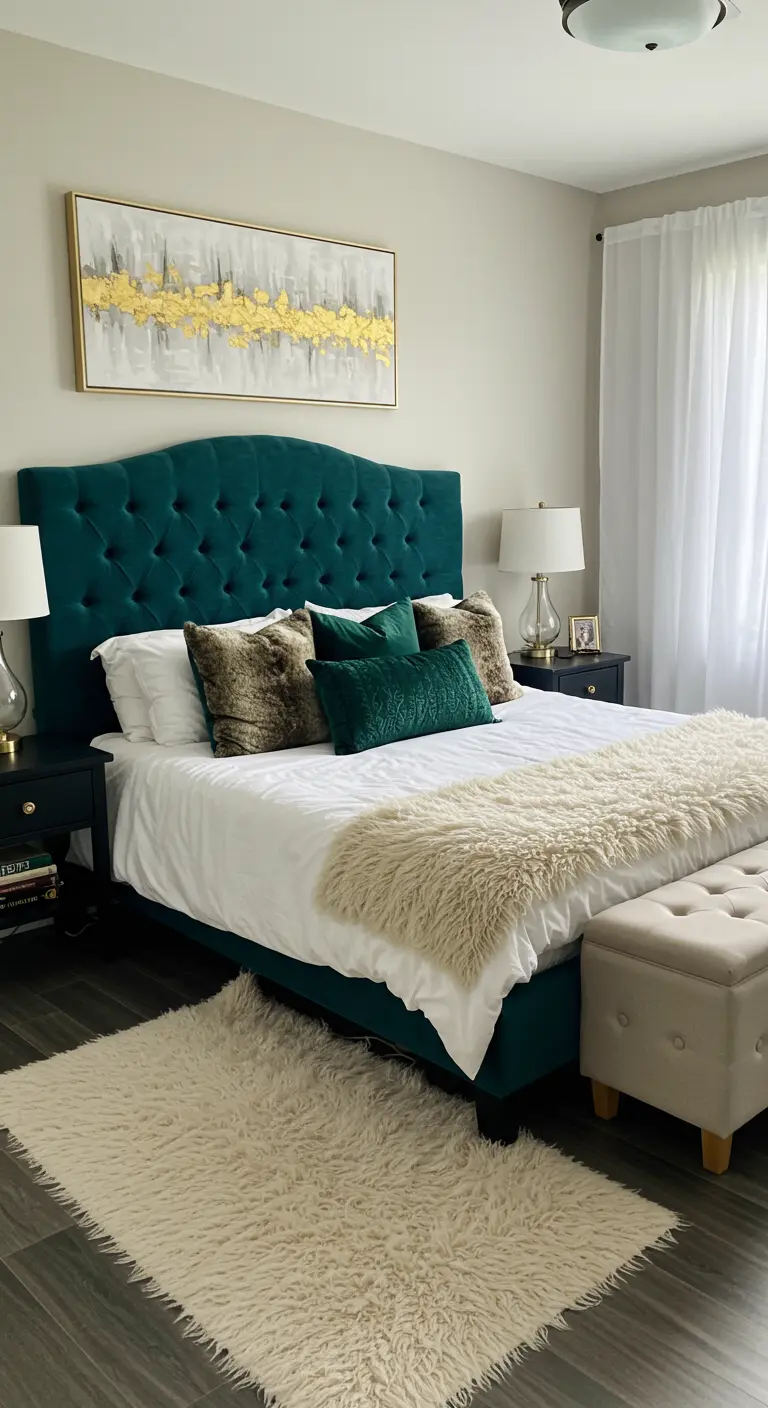 Luxe slaapkamer met smaragdgroen fluwelen hoofdbord en gouden accenten.