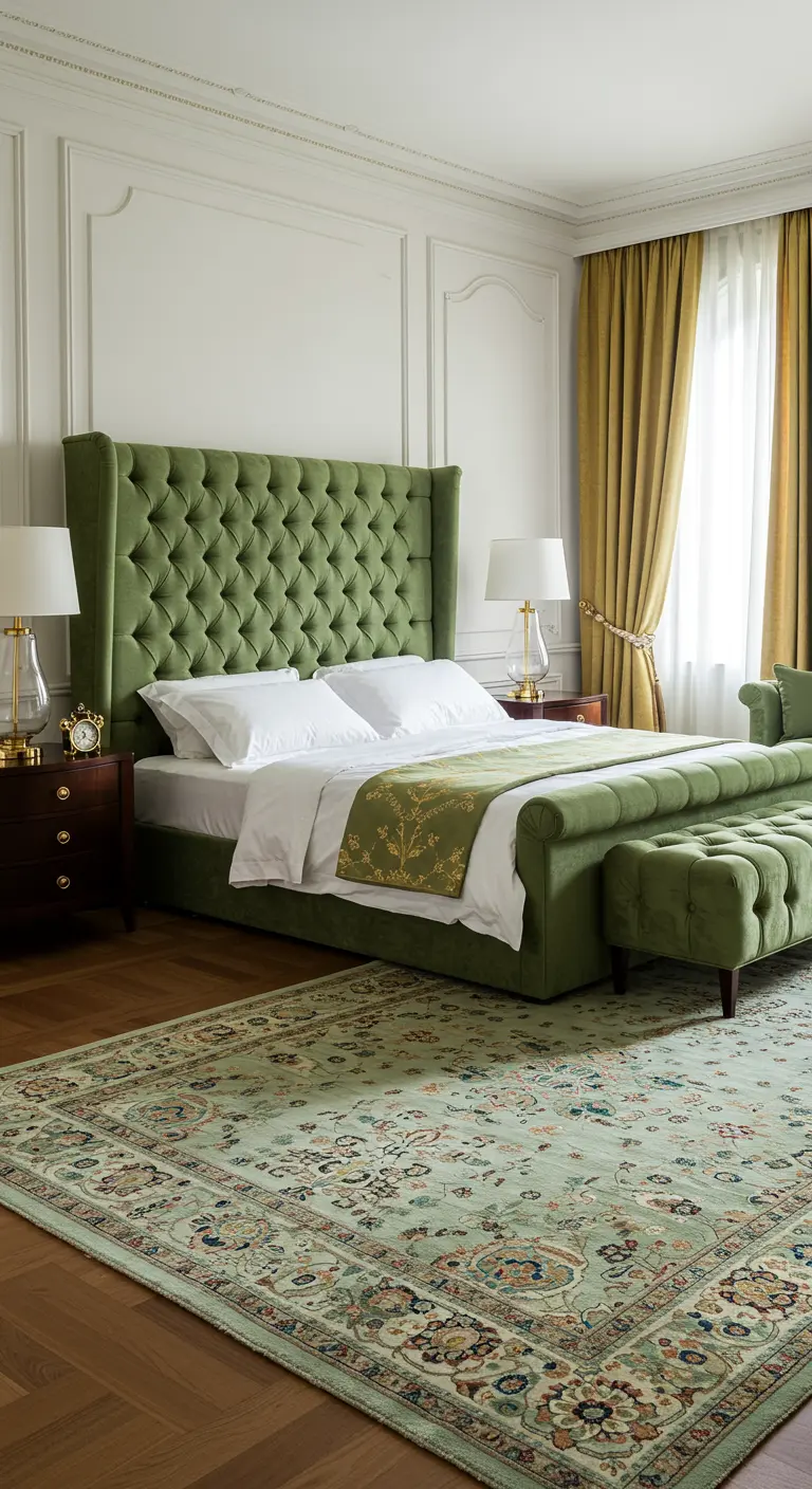 Luxe slaapkamer, donkergroen fluwelen bed, gouden accenten, traditioneel vloerkleed, zware gordijnen.
