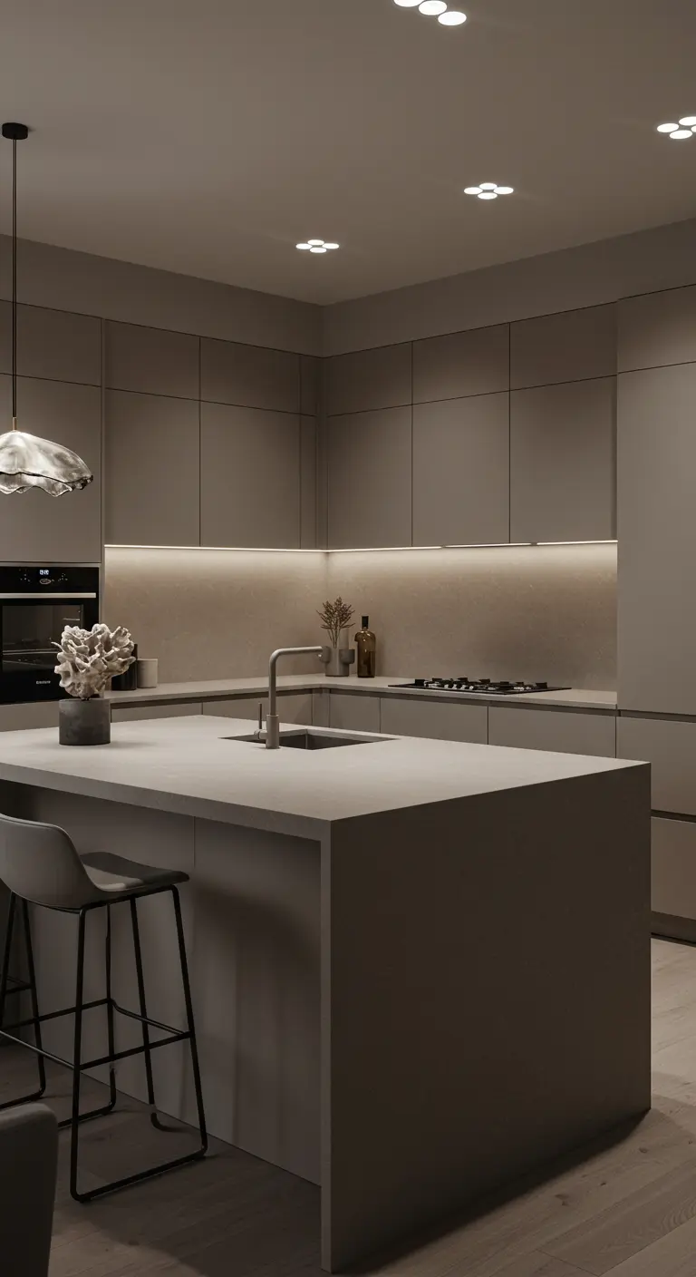 Matte taupe/greige keuken met minimalistisch eiland en zachte verlichting.