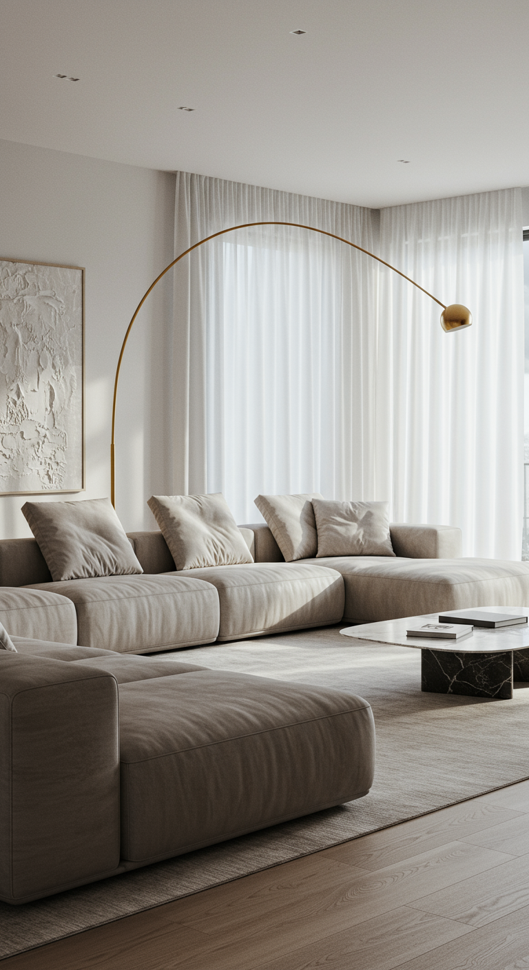 Lichte woonkamer met beige fluwelen hoekbank en moderne booglamp.