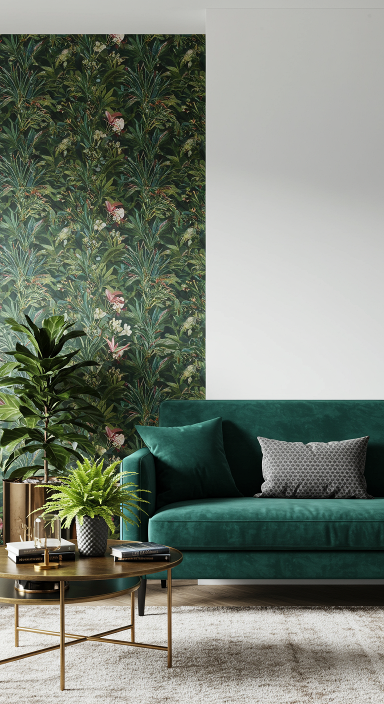 Woonkamer met botanisch behang accentmuur en een groene fluwelen bank.