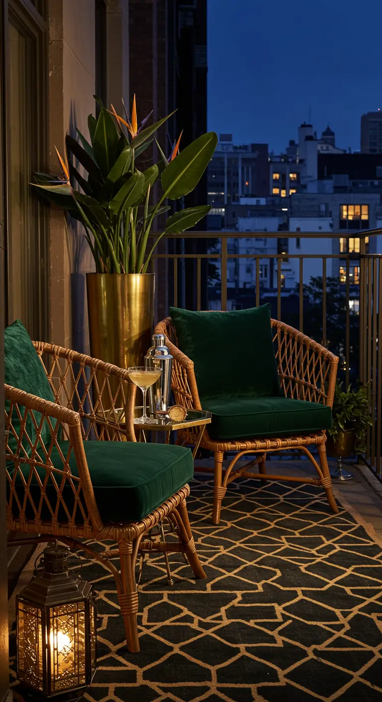 Luxe balkon met rotan stoelen, groene fluwelen kussens, messing plantenbak en sfeervolle lantaarn.