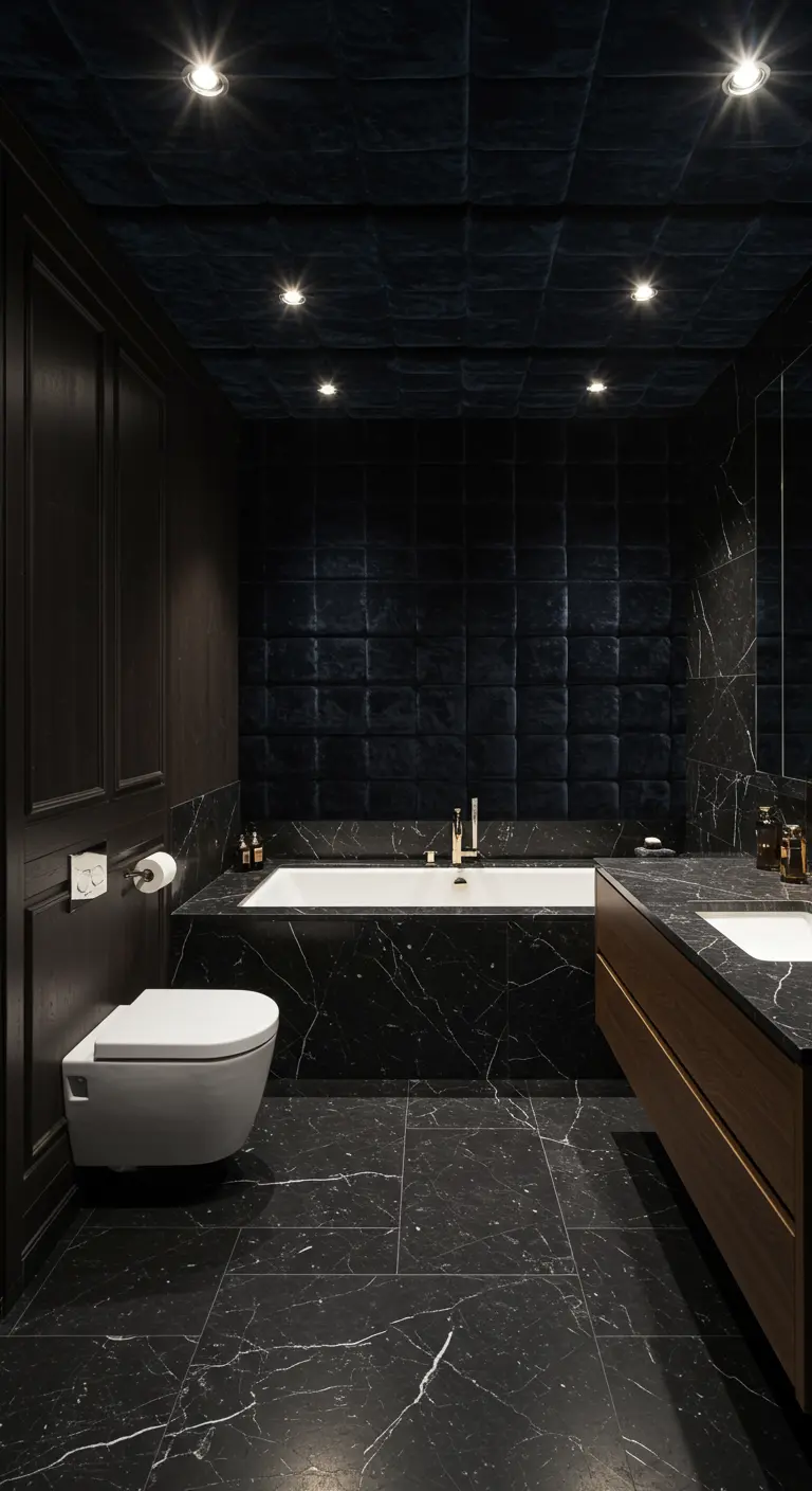Donkere badkamer met gewatteerd, fluweelblauw plafond en spotjes.