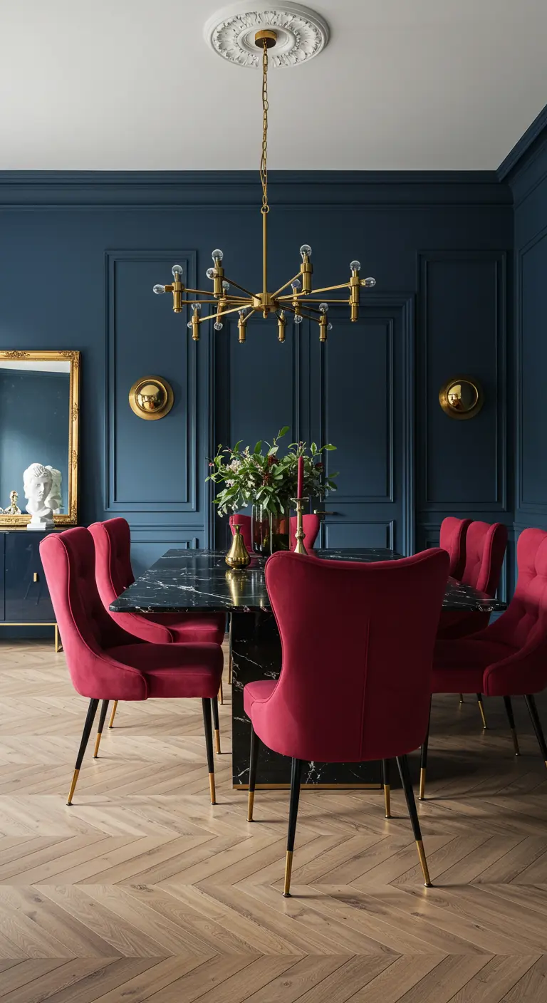Donkerblauwe eetkamer met bordeauxrode fluwelen stoelen, gouden kroonluchter en lambrisering.
