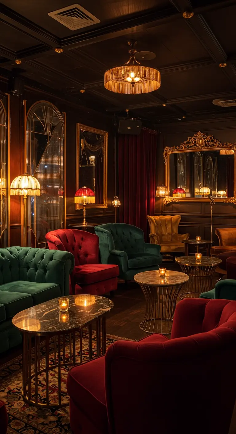 Donkere, intieme lounge met rode en groene fluwelen stoelen en gouden spiegels.